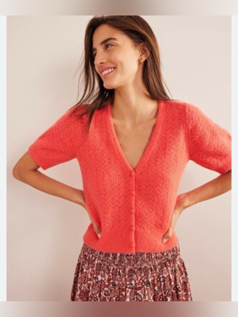 Boden Pointelle Short Sleeve Cardigan Coral Pink size medium